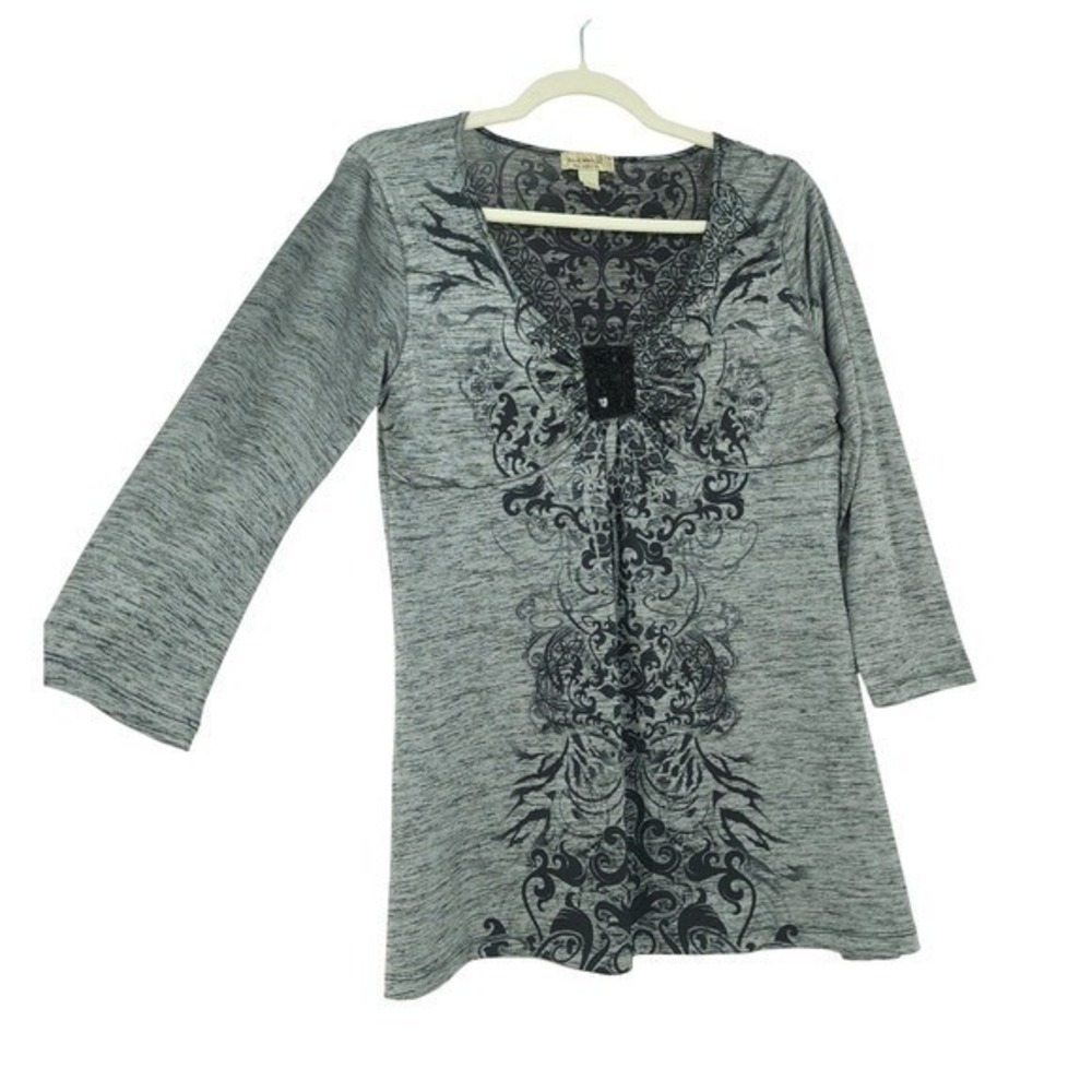 One World Babydoll Top Womens PM Beaded Boho Print Stretch Whimsigoth Y2K Shirt